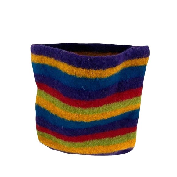 Handcrafted Multicolor Striped Wool Felt Basket Bag Colorful Felted - Picture 8 of 8